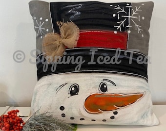 Snowman and Top Hat Hand-painted Pillow Cover