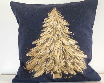 Gold Christmas Tree on Navy Gold Specks Hand-painted Pillow Cover
