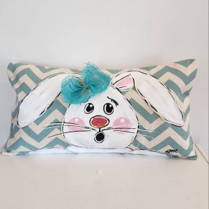 Floppy Ear Bunny on Aqua Blue Chevron Hand-painted Lumbar Pillow Cover