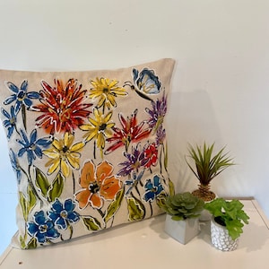 Zinnias Daisies Dragonfly Hand-painted Pillow Cover