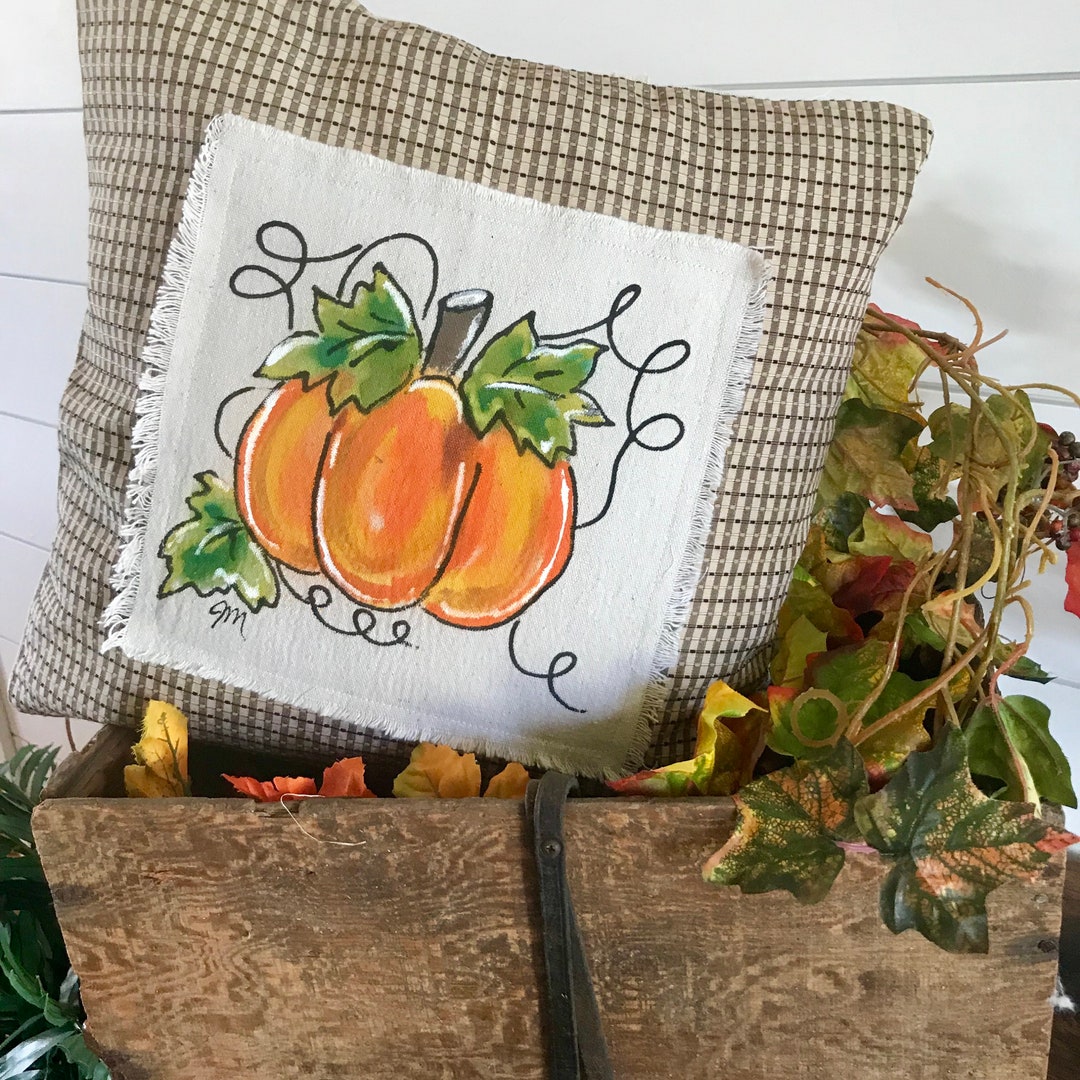 Plaid Pillow Handpainted Pumpkin Pillow Fall Pillows Tan Etsy