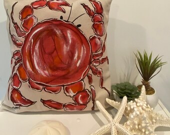 Red Crab, Nautical, Cottage, Beach, Fourth of July, Hand-painted, Pillow Cover