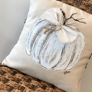 White Pumpkin, Farmhouse Fall Pillow, Hand-painted, Burlap Bow, Rhinestone Button, Pillow Cover