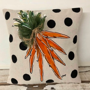 Carrot Bundle, Hand-painted, Black and White Polka Dot, Easter Pillow, Spring Decor, Handmade Pillow Cover