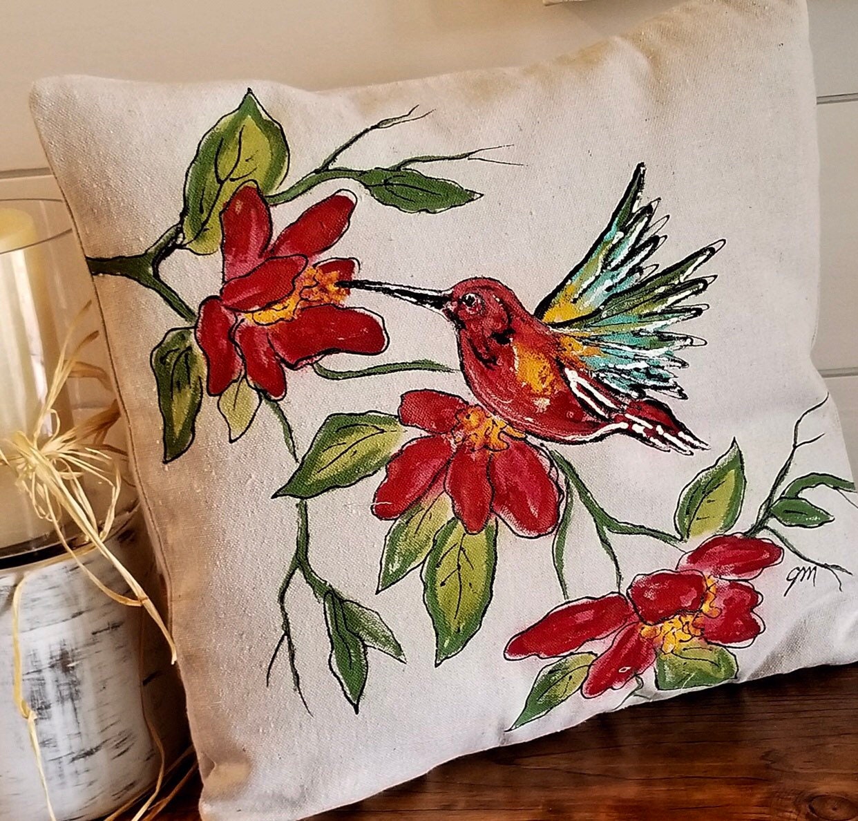 Hummingbird Pillow Hand painted Red and Green Pillow Spring and Summer Pillows Pillow Cover Etsy Denmark