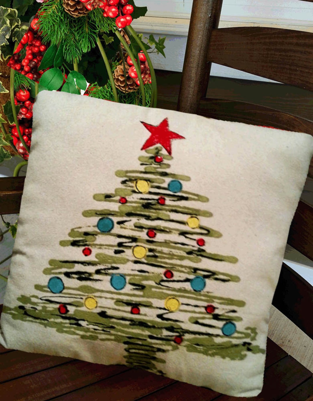 Christmas Tree Pillow Handpainted Christmas Star Christmas Etsy