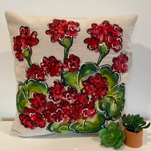 Red Geraniums, Pink Geranims, Red Flowers, Pink Pillow Cover, Hand-painted