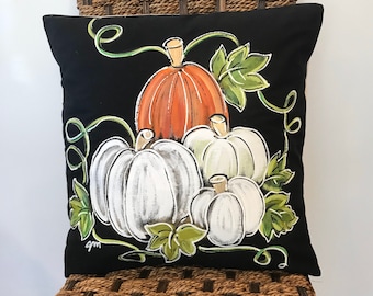 Orange and White Pumpkins on Black, Fall Pumpkin Pillows, Hand-painted Pillow Cover