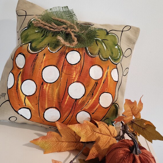 Polka Dot Pumpkin on Tan Sateen Hand-painted Pillow Cover 16 x 16