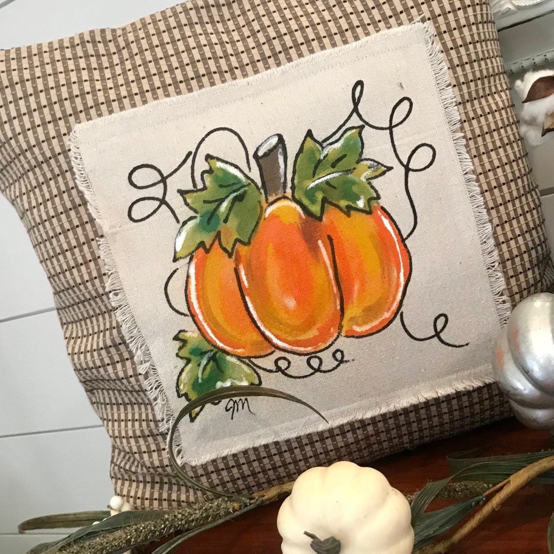 Plaid Pillow Handpainted Pumpkin Pillow Fall Pillows Tan Etsy