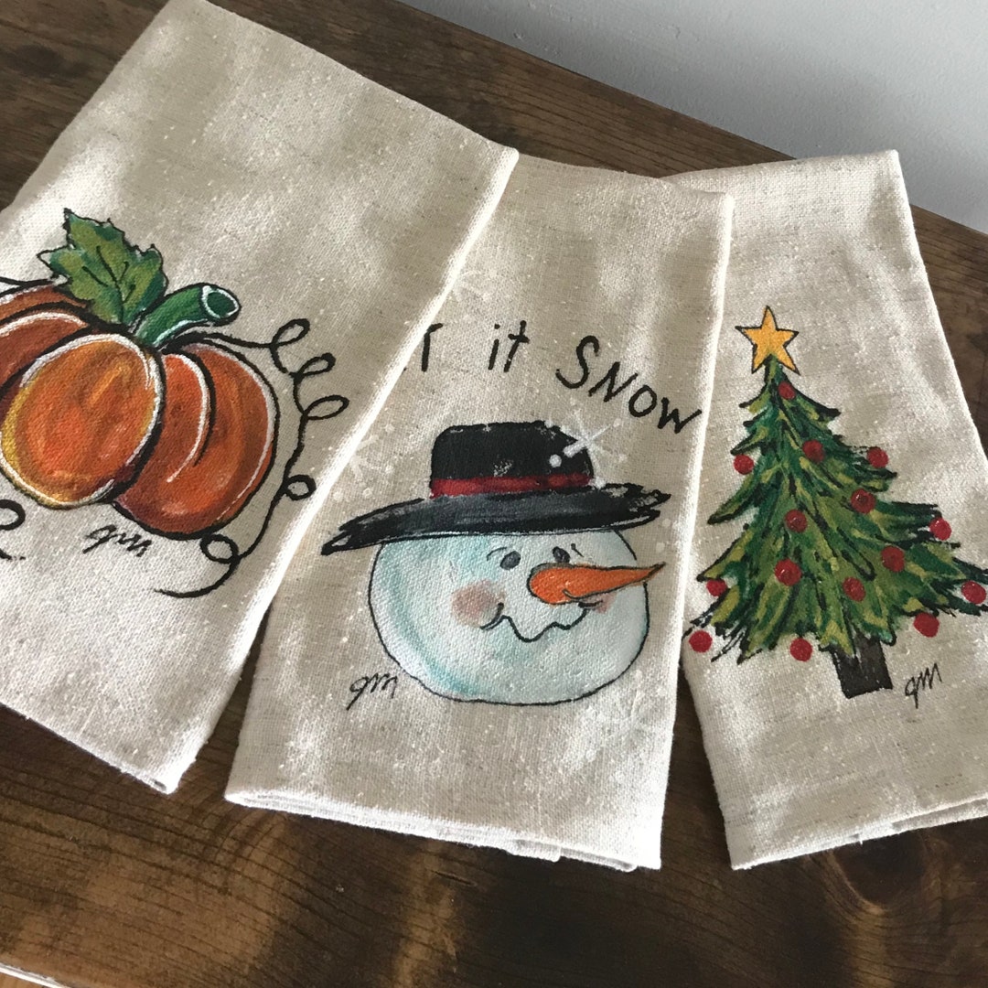Holiday Hand Towel Gift Set, Handpainted Kitchen Dish Towels, Orange