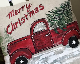 Roter LKW mit Tannenbaum, handbemaltes Kissen, kariertes Flanell, rot-grüne Kissen, Kissenbezug