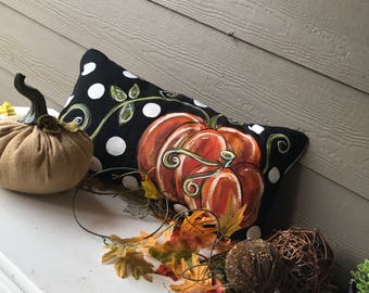 Black Lumbar Orange Pumpkin White Dots Hand-painted Pillow Cover