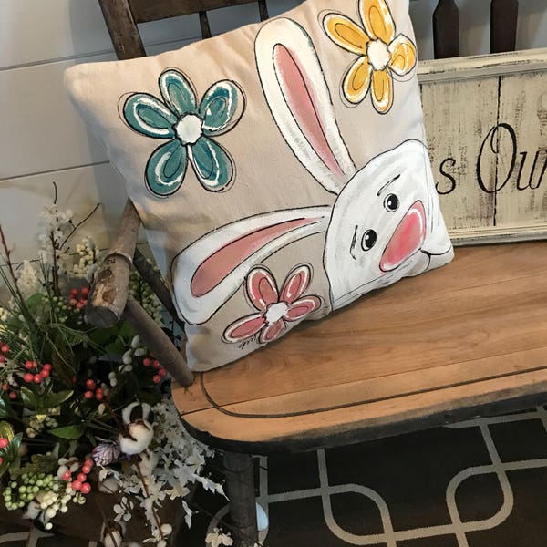 Bunny Pillow, Hand-painted, Sipping Ice Tea, Easter Pillows, Pastel Accent Pillows, Spring Decor,  Housewares, Pillow Cover, No. BU010