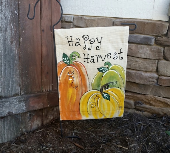 Autumn Garden Flag, Hand-painted Fall Flag, Fall Pumpkin, Fall Decor, Yard Art, Fall Signs Happy Harvest, Sipping Iced Designs, No. FLG17