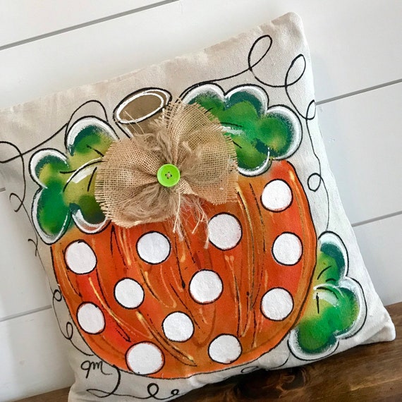 Polka-dot Pumpkin, Hand-painted Fall Pillows, Halloween, Thanksgiving, Pillow Cover