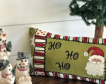 Santa Red and Green Lumbar Pillow, Ho Ho Ho, Christmas, Hand-painted, Handmade, Pillow Cover