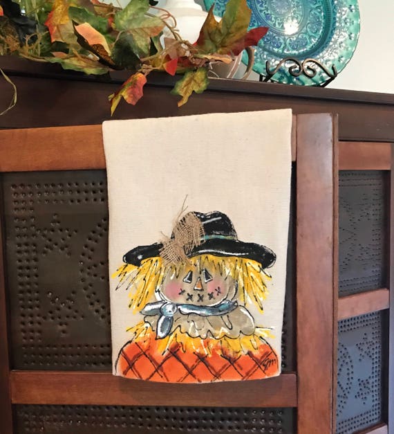 Kitchen Dish Towel, Scarecrow, Hand Towel, Holiday, Thanksgiving, Kitchen Decor, Hand-painted, Handmade