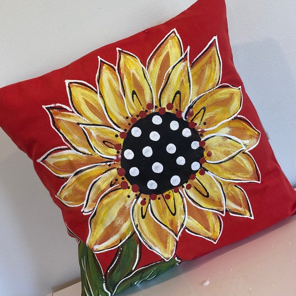 Black White Polka Dot Center Large Yellow Sunflower on Red Hand-painted Pillow Cover