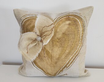 Sparkly Gold Heart on Gold Metalic  Fabric Gold Rhinestone Bow Hand-painted Pillow Cover 14 x 14