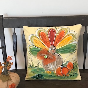 Fall Turkey on Yellow, Green, Gold, Red, Orange, Thanksgiving, Hand Painted, Handmade, Pillow Cover