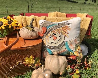 Fall and Autumn Pillows, Scarecrow Burlap Rust Bow, Pillow Cover, Fall Decorations, Thanksgiving, Holiday Decor, Hand-painted, Halloween