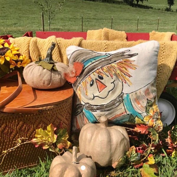Fall and Autumn Pillows, Scarecrow Burlap Rust Bow, Pillow Cover, Fall Decorations, Thanksgiving, Holiday Decor, Hand-painted, Halloween
