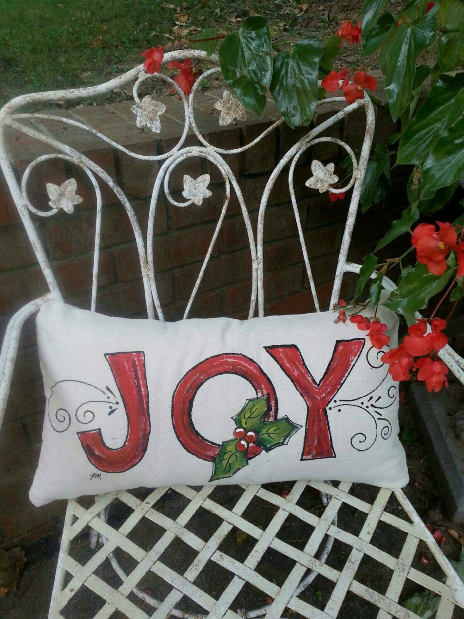 Joy Lumbar Christmas Pillow Handpainted Red and Green Etsy Lumbar Christmas Pillow