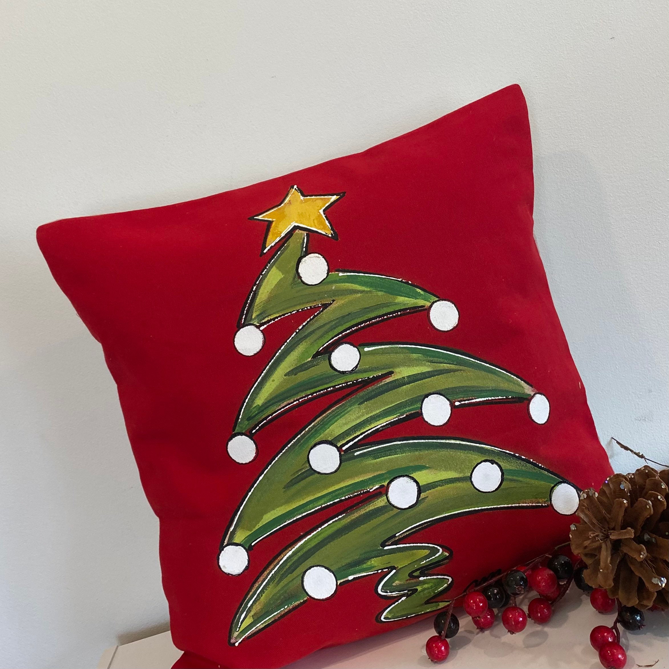Christmas Tree on Red Hand-paintedpillow Cover - Etsy