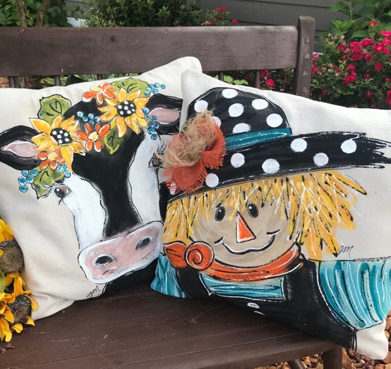 Fall Coordinating Pillows, Cow Pillow,  Scarecrow Decor, Hand-painted Pillow, Burlap Bows, Fall Decor, Thanksgiving Pillows, Pillow Cover