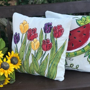Coordinating Pillows, Hand-painted Pillow, Tulips Pillow, Watrmelon Pillow, Sipping Iced Tea Designs, Pillow Cover, No. WATU09