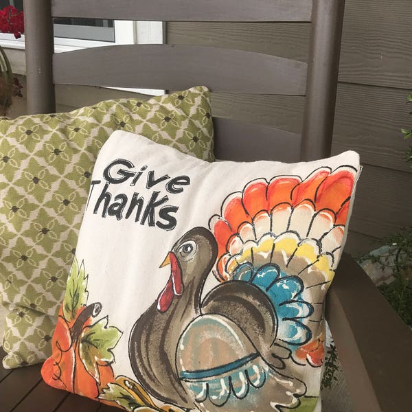 Fall Pillow Cover,Turkey Pillow,Rocking Chair Pillow,Trending Now,New 2017,Thanksgiving,Give Thanks,Hand Painted,Handmade, Pillow Cover