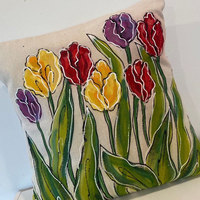 Hand-painted Yellow Red Pillow Cover Pillow with Hand-painted Tulips Purple Coordinating Accent Pillows