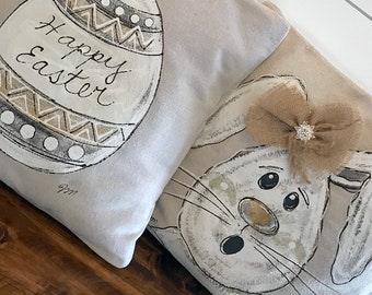 Farmhouse White Easter Egg Pillow, Floppy Ear Bunny, Happy Easter,  Hand-painted, Pillow Cover