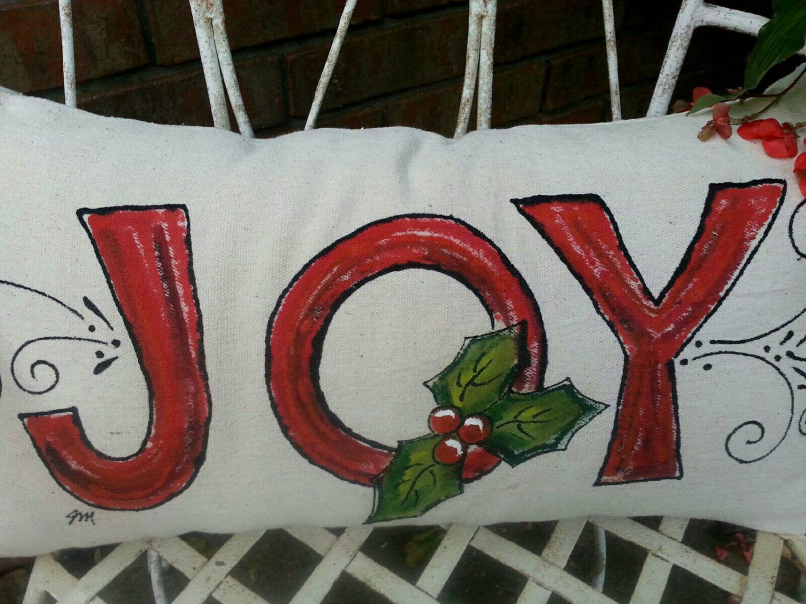 Joy Lumbar Christmas Pillow Handpainted Red and Green Etsy Lumbar Christmas Pillow