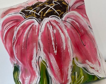 Large Pink Flower, White and Pink Pillow, Hand-painted, Pillow Cover
