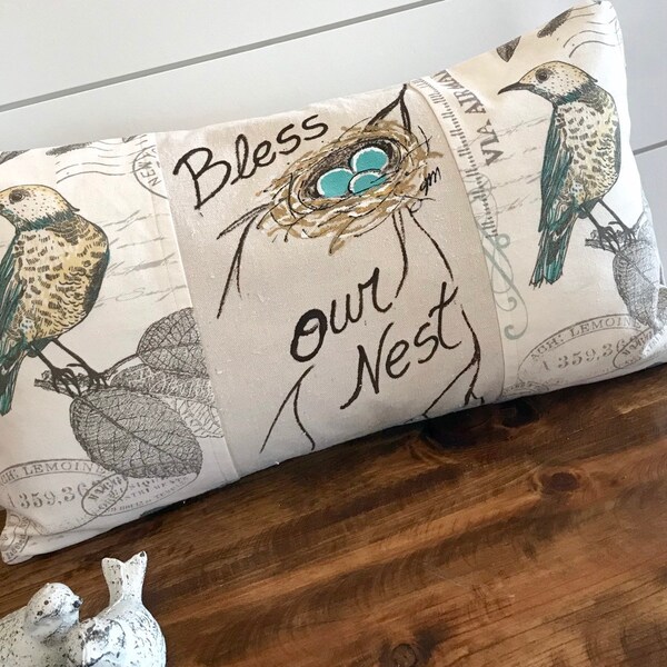 Robin's Nest Pillow, Modern Farmhouse, Farmhouse Pillows, Hand Painted Nest, Robin's Egg Blue, Handmade, Pillow Cover