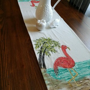 Beach Decor, Pink Flamingo, Table Runner, Linens, Beach Scene, Summer Decor, Summer Linens, Handmade, Hand-painted