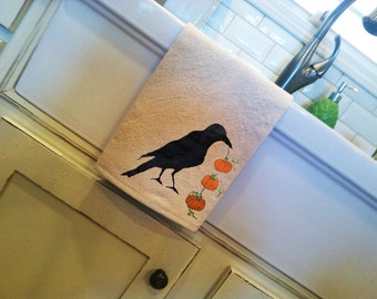 Kitchen Dish Towel, Black Crow, Pumpkins, Hand Towel, Holiday, Halloween, Kitchen Decor, Hand-painted, Handmade