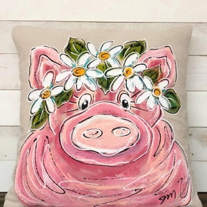 Whimsical Pig with Garland, Pink Pig, Hand-painted Pillows, Pillow Cover