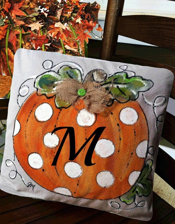 Monogram Pillow, Halloween Pillows, Thanksgiving Pillow, Personalized, Personalized Gifts, Orange Pillows, Polka Dots, Hand Painted, Cover