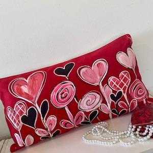 Red Lumbar with a Garden of Hearts, Valentine’s Day,  Hand-painted, Pillow Cover
