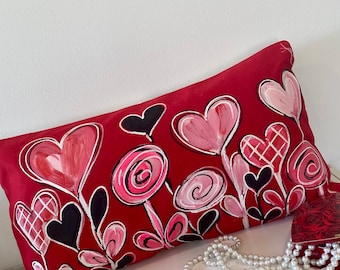 Red Lumbar with a Garden of Hearts, Valentine’s Day,  Hand-painted, Pillow Cover