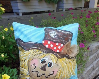 Scarecrow, Hand Painted,Pillow Cover, Fall Decorations, Thanksgiving, Holiday Decor, Hand-painted, Fall, Halloween, Holidays, No 120