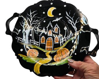 Artisan Hand-Painted Halloween Antique L E Smith Black Amethyst Glass Mount  2 Handled Tray 1930's