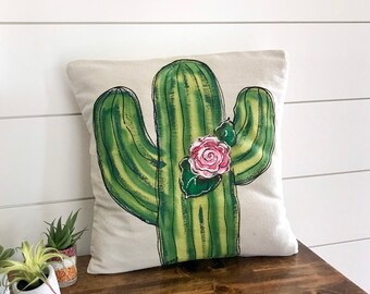 Cactus Decor, Hand-painted Succulent, Pink Rose, Spring, Summer, Pillow Cover