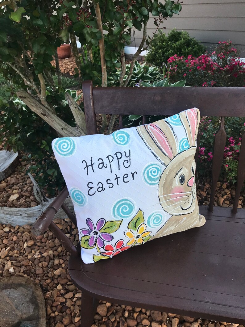 Hand Painted Bunny Pillow Pastel Pillow Bright Flowers Etsy