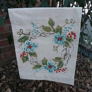 Grapevine Wreath, Spring Flower, Flag, Wall Hanging,  Blue, Green, Spring, Bouquet, Outdoor Decoration, Yard Art, Garden, Patio, Handpainted
