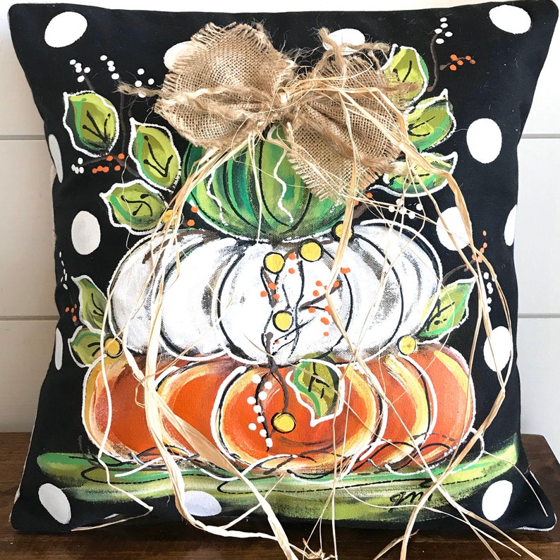 Green Orange Stacked Pumpkins on Black and White Polka Dots Pillow Cover Fall Hand-painted White