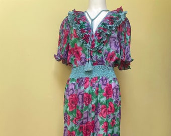 1980'S Vintage Diane Fres'  Ruffled Floral Georgette Scarf Dress SIZE L